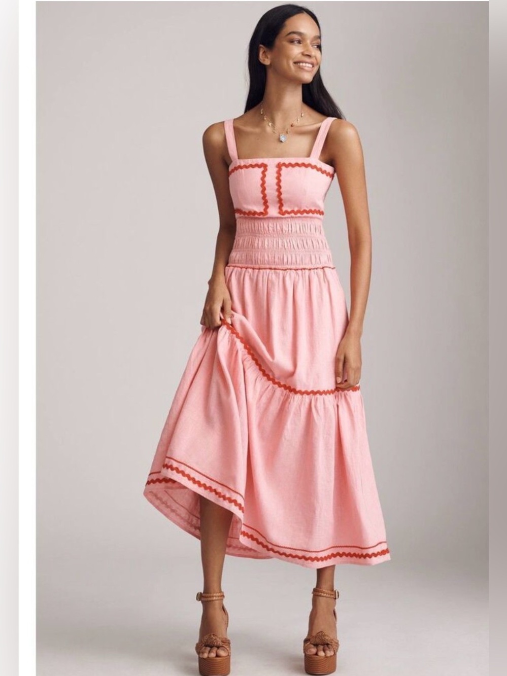 English Factory Pink Linen Cotton Square Neck Ric Rac Maxi Dress Red Trim M